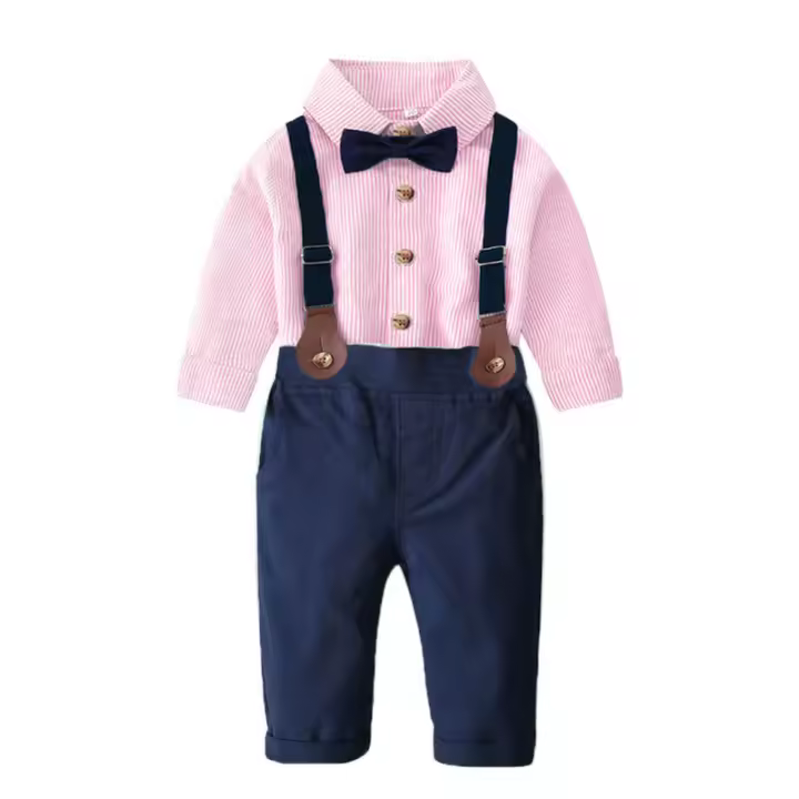 Conjunto para niños, cárdigan de manga larga a rayas a la moda para primavera y otoño, ropa Formal para niño con flores, monos, conjunto de dos piezas - 1