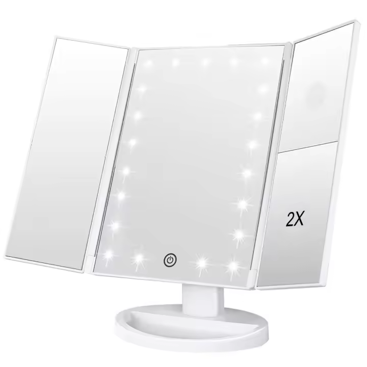 LZ1217 Espejo de Maquillaje, Espejo Tri-Fold con Aumento de 1x/2x/3x/10x, Pantalla Táctil Ajustable y 22 Luces LED, Espejo Iluminado para Tocador, Espejos Cosméticos de Encimera (Blanco) - 1