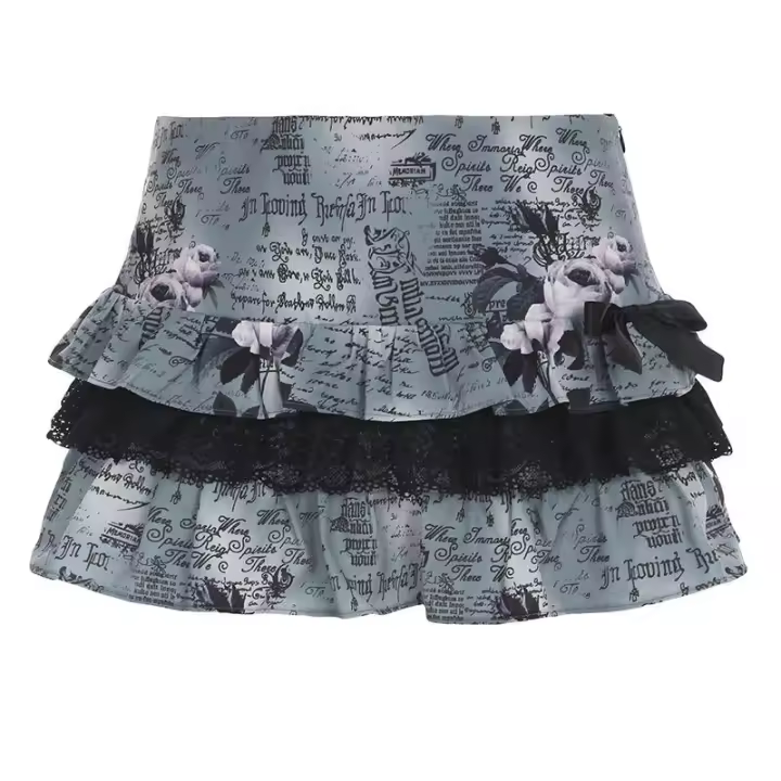 BUNO-minifalda de encaje en contraste, estilo gótico, detalle de lazo, cintura baja, estampado Floral, faldas cortas acampanadas, trajes de calle Y2K - 1