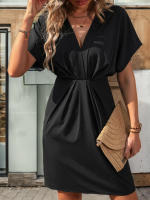 Vestido casual de mujer con cuello en V, manga corta, cintura alta, falda acampanada en negro - details 1