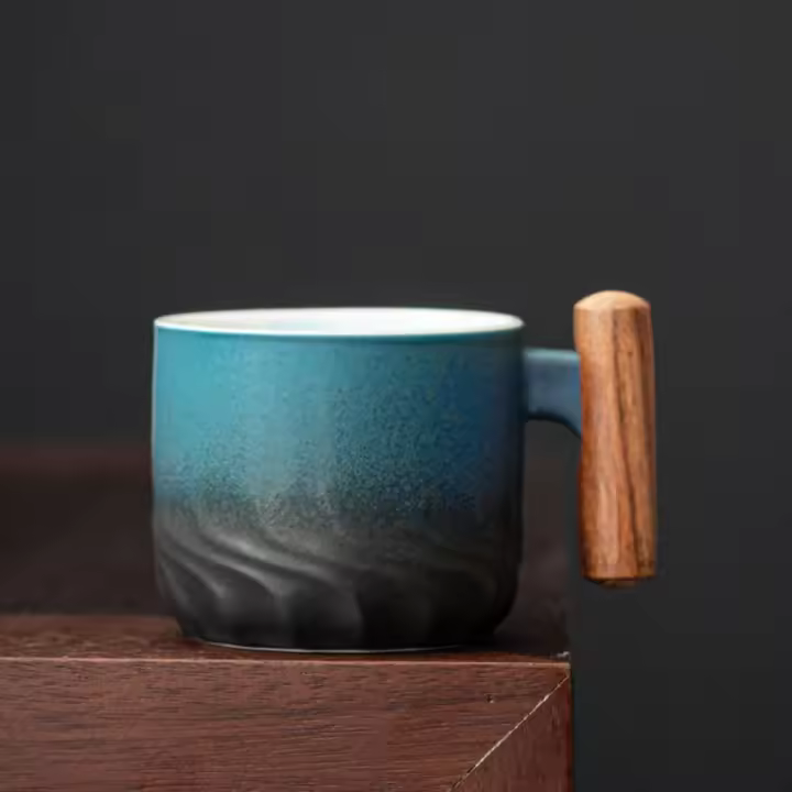 Taza de café Retro de cerámica con esmalte degradado, taza de café hecha a mano con mango de madera, Color sólido, para el hogar - 1