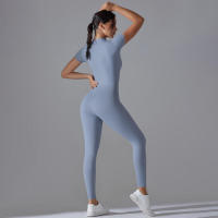 Body de yoga para mujer, ropa moldeadora deportiva de manga corta, traje de gimnasio de una pieza, nailon de color sólido - details 19