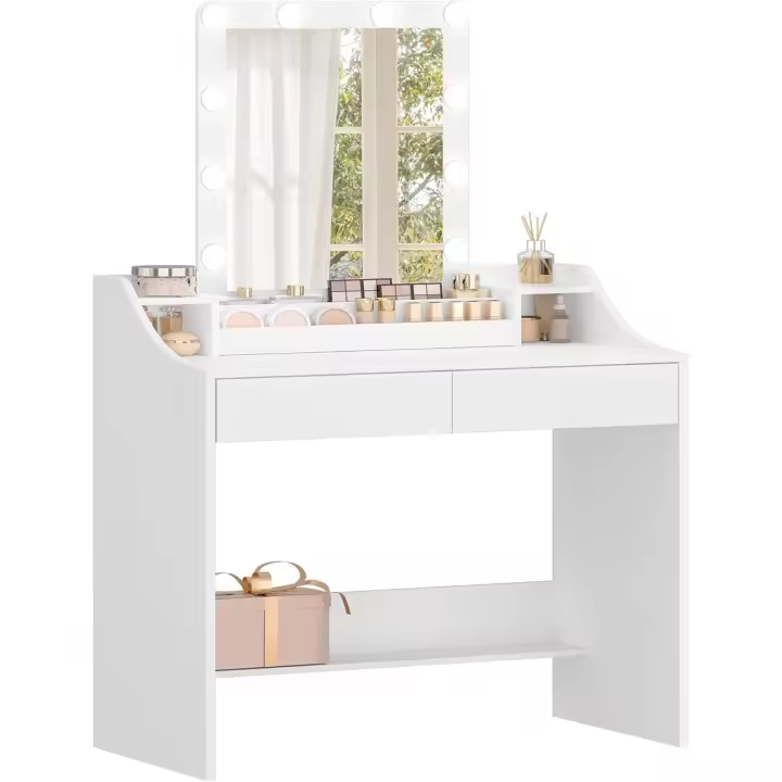 Tocador con iluminación LED, brillo ajustable, mesa de maquillaje con espejo, tocador con 2 cajones y 2 compartimentos abiertos, moderno, blanco - 1