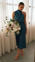Elegante Vestido Largo de Satén de Color Sólido Cuello Halter sin Mangas Ideal para Fiestas - details 18