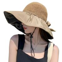 Visera anti ultravioleta tejida de paja para mujer Summer Sun con pegamento negro grande junto al mar, sombrero para el sol transpirable - details 21