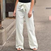 Pantalones de mujer Pantalones casuales con cordones de algodón y lino Pantalones de pierna con banda elástica Pantalones rectos de mujer - details 6