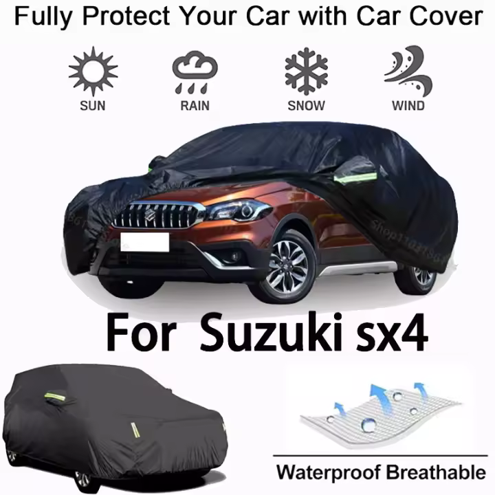 Funda completa para coche para Suzuki SX4, equipo protector para exteriores, resistente a la nieve, parasol, accesorios para automóviles impermeables y a prueba de polvo, negro - 1