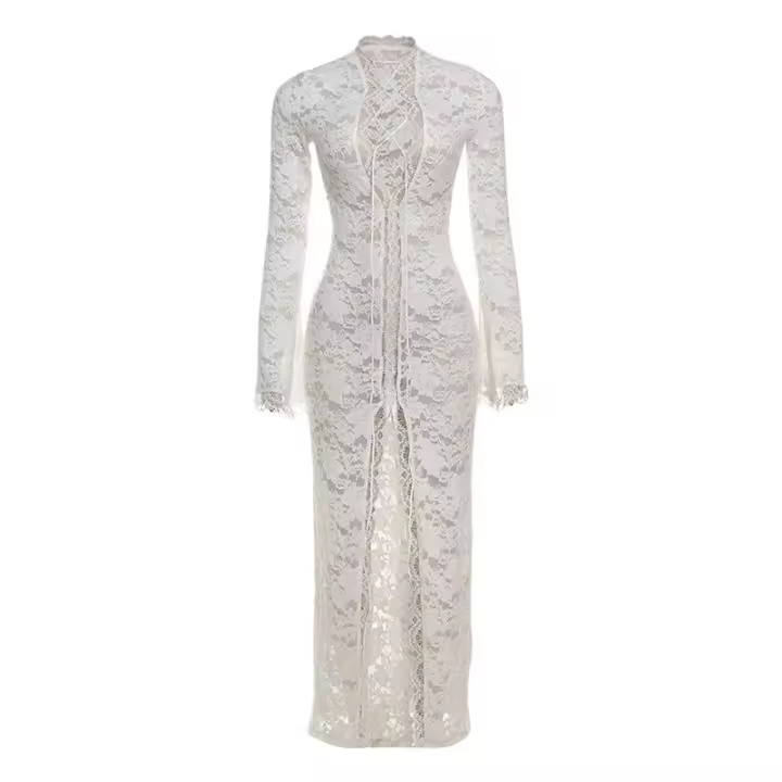 BUNO-vestido de encaje transparente para mujer, maxivestido Sexy de manga larga con cuello redondo, vestido de vaina, bata de noche impresionante - 1