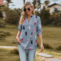 Camisa con estampado de plumas de tres cuartos y manga e para mujer, cuello en V, otoño, nueva - details 11