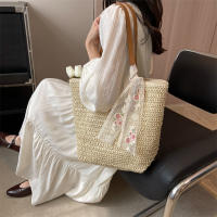Bolso de mano Vintage para mujer, tejido de hombro, Color sólido, cinta de encaje, mimbre, paja Bohemia, Asa de playa, Beige - details 4