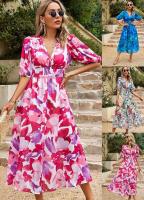 Vestido estampado de gasa con cuello en V ceñido a la cintura con temperamento de manga corta de verano 2025 para mujer - details 2