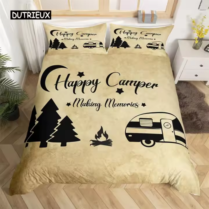 Funda nórdica rústica estilo granja, funda de edredón con puerta de Granero antigua, funda de edredón de poliéster con estampado de camper feliz, funda de edredón con dibujo de boceto negro - 1