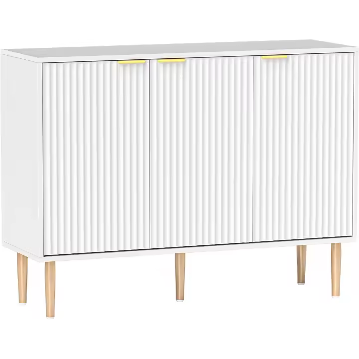 Mueble de salón con 3 puertas acanaladas y estante ajustable para TV, para dormitorio o sala de estar, 107x35x80 cm, blanco - 1