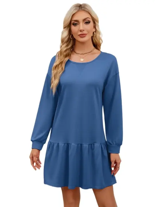 Vestido de manga larga para mujer, vestidos holgados cortos de Color sólido, moda coreana, promoción completa, elegante - 1