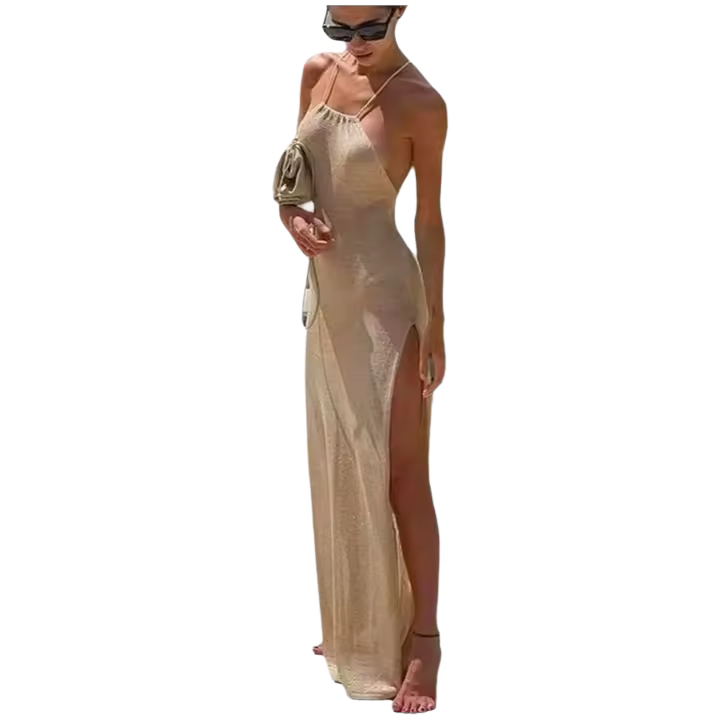 Vestido de Punto de Alta Tira Sexy con Suspenderes Versátil para Primavera-Verano Color Sólido - 1