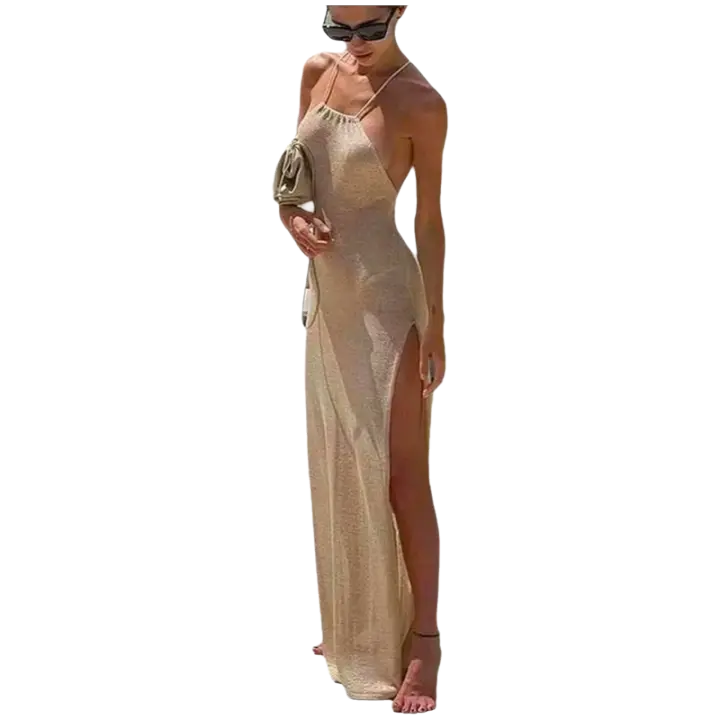 Vestido de Punto de Alta Tira Sexy con Suspenderes Versátil para Primavera-Verano Color Sólido - 1