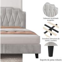 Marco de cama con cabecera tapizada, altura ajustable, soporte de láminas de madera y patas metálicas, color gris oscuro. - details 16