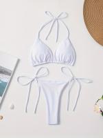 Conjunto De Bikini De Dos Piezas De Moda De Color Sólido, Con Cuello Halter, Triángulo Sin Espalda Y Lazos Laterales - details 15