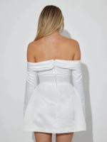 Vestido corto plisado de manga larga con hombros descubiertos para mujer, minivestido elegante de corte en A, ajustado, desechable - details 3