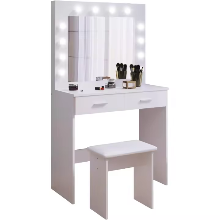 Mesa de Maquillaje con Hollywood LED Espejo, 2 Cajones Grandes y Taburete, Blanco, 80x40x140cm - 1