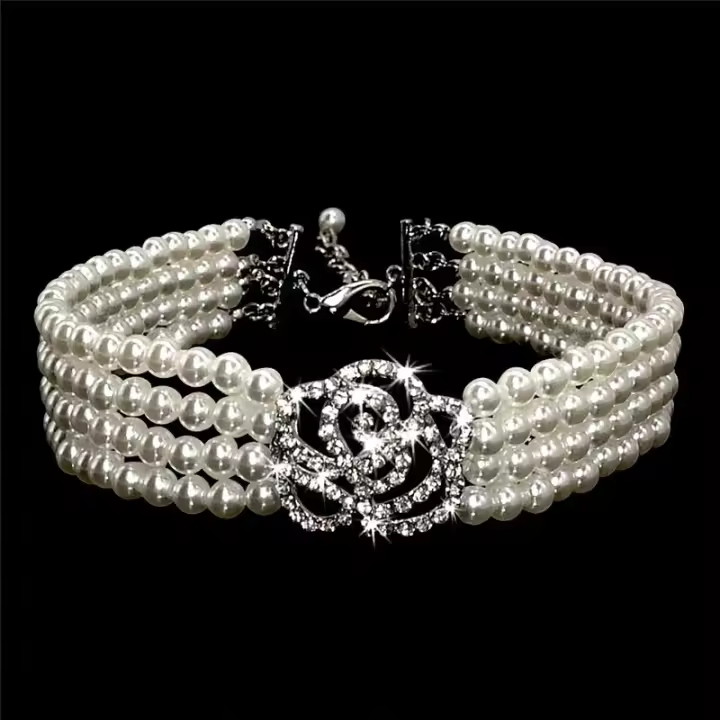 Collar de perlas con diamantes de imitación para perro, joyería de moda para cachorro y gato, Rosa Artificial, accesorios para mascotas - 1