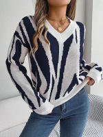 Jersey con cuello en V para mujer, suéter de manga larga con patrón geométrico de contraste, hilo de rosca, Tops informales de punto, otoño e invierno, 2023 - details 4