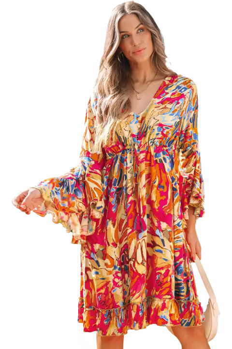 Elrachen Vestido fluido con dobladillo con volantes y mangas acampanadas para mujer, rosa, tallas S-XL - 1