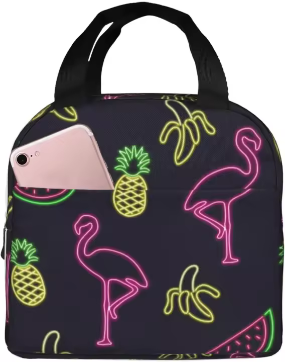 Bolsa de almuerzo con estampado de piña, plátano, flamenco, a prueba de fugas, terma, bolsa de almuerzo de aislamiento engrosado portátil, negro, MC700 - 1