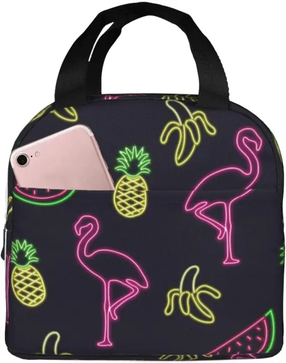 Bolsa de almuerzo con estampado de piña, plátano, flamenco, a prueba de fugas, terma, bolsa de almuerzo de aislamiento engrosado portátil, negro, MC700 - 1
