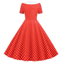 Polka dot print women a-line summer peter pan collar elegant vintage midi party dress - details 4