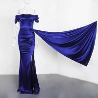 Vestido de dama de honor plisado de satén elástico, hombros descubiertos, vestido de noche formal, apertura frontal, hasta el suelo - details 11