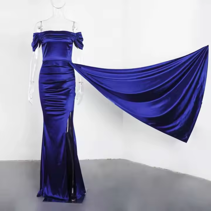 Vestido de dama de honor plisado de satén elástico, hombros descubiertos, vestido de noche formal, apertura frontal, hasta el suelo - 1