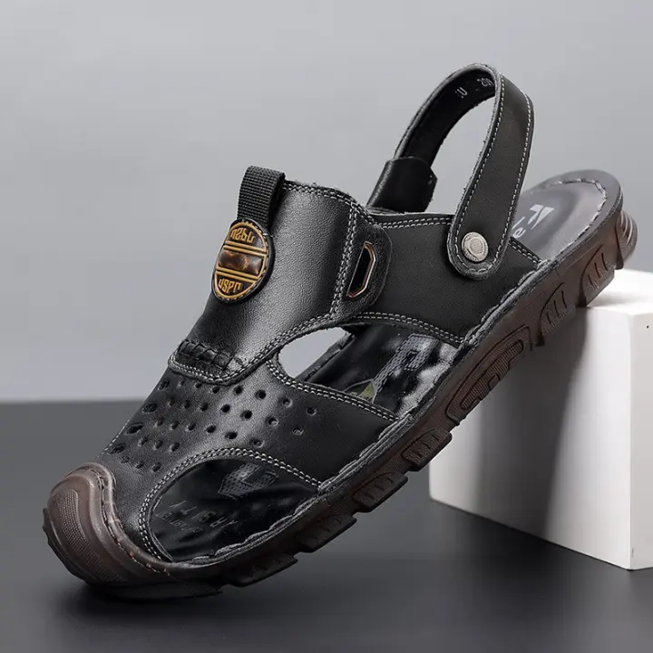 Sandalias de Cuero de Vaca Primera Capa Zapatos de Playa para Hombres en Verano Desgastados Casuales - 1