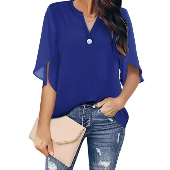 Camiseta de manga corta para mujer, Top de manga corta con cuello en v, informal, camisetas de verano con volantes - 1
