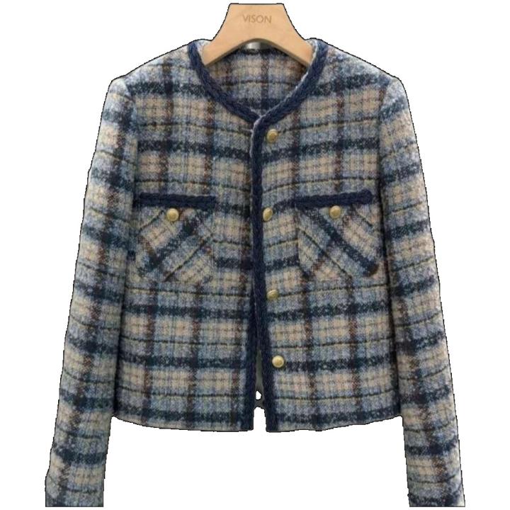 Abrigo corto azul con pequeña fragancia para mujer, chaqueta acolchada a cuadros de estilo nuevo británico, otoño e invierno, 2024