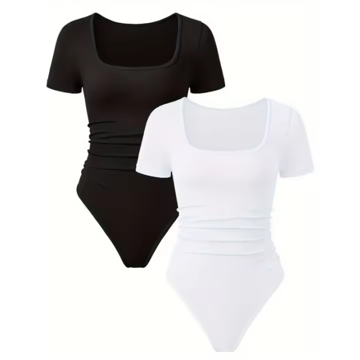 Body elástico de manga corta para mujer, 2 pares de medias, escote cuadrado, sexy, de una pieza - 1