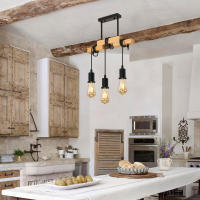 Goeco Lámpara Colgante Vintage de Techo de Madera y Hierro con 3 Bases para E27 - details 14
