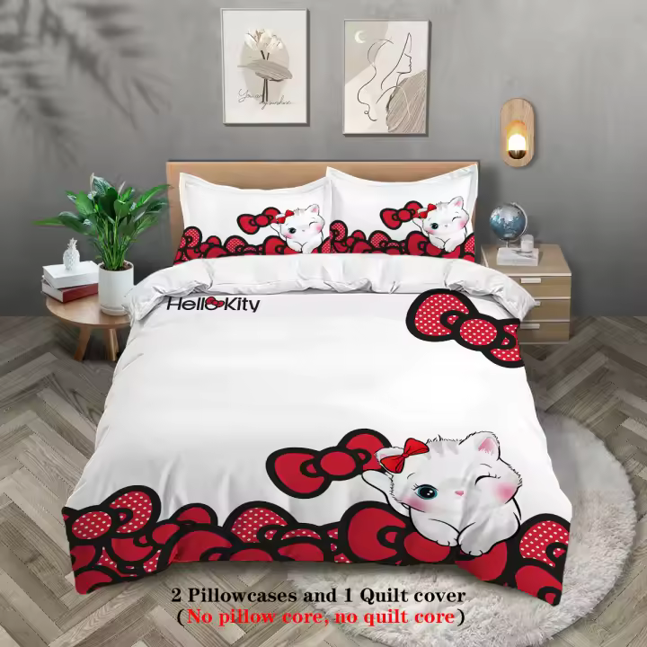 Conjunto de Ropa de Cama de Gato de Dibujos Animados Suave y Cómodo 3 piezas de Almohada y Funda de Ropa de Cama para Dormitorio y Habitación de Invitado - 1