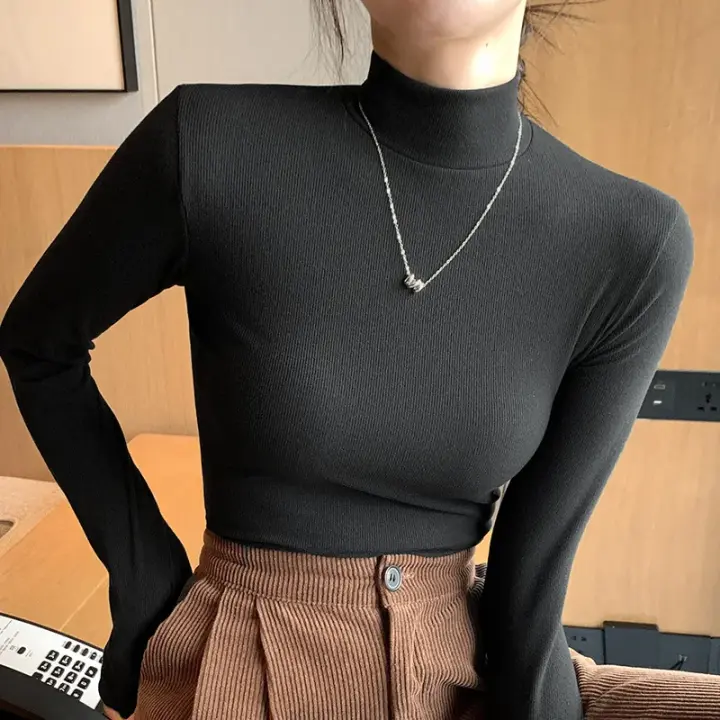 Suéter elegante de cuello medio para mujer, Tops tejidos de moda coreana con mangas largas, 2025 - 1