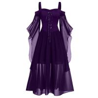 Vestido de mujer de talla grande con hombros descubiertos y alas de mariposa estilo gótico para Halloween, elegante vestido de poliéster de cintura media. - details 8