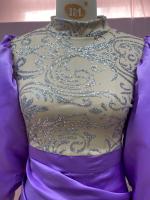 Vestido de mujer con manga de princesa, largo envuelto en el trasero, con cola y vestido de noche con dijes de salpicaduras doradas - details 12