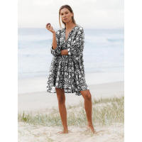 Vestido corto de vacaciones de playa de rayón informal suelto con lazo floral para mujer de moda de verano - details 86
