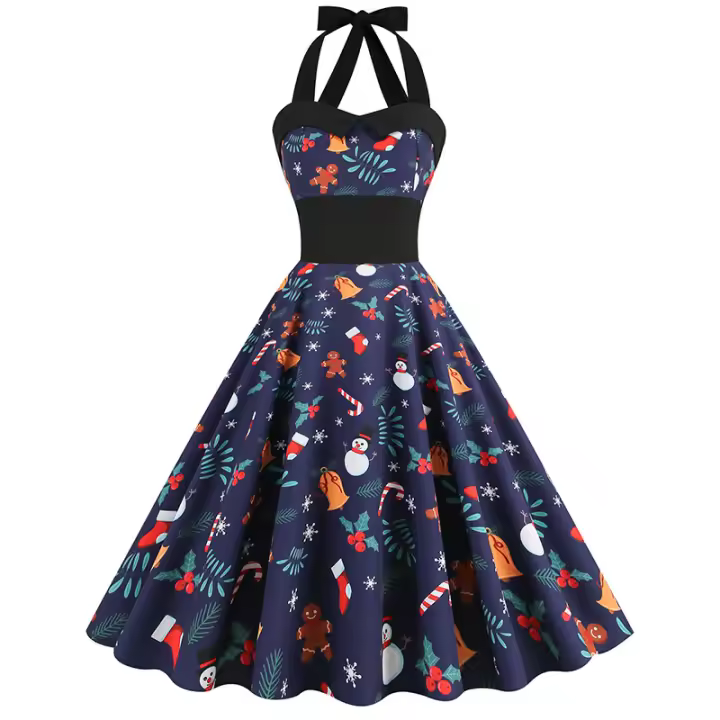 Estilo princesa navideña 2025 nuevo vestido colgante con cuello elástico con estampado de Papá Noel - 1
