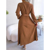 Vestido largo plisado con dobladillo grande para mujer, vestido cruzado de Color liso con cuello en V, moda de primavera y verano - details 5