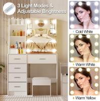 LED, tocador con espejo para maquillaje, 3 colores con brillo ajustable, mesa cosméticos con estantes ajustables, 6 cajones (131 x 80 x 36 cm) - details 5