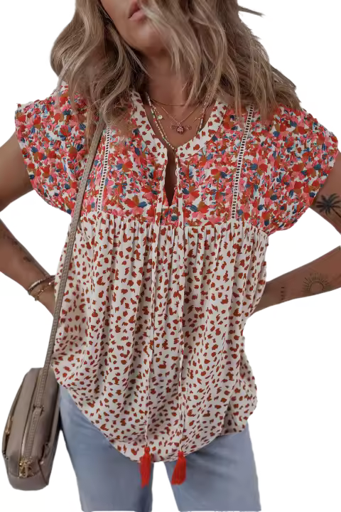 Elrachen Blusa con cuello dividido y detalle de bordado para mujer, roja, tallas S-XL - 1