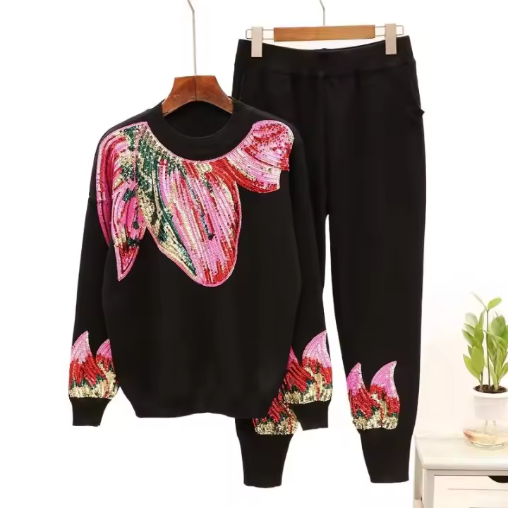 Conjunto de dos piezas con flores y lentejuelas, suéter de punto de manga larga para mujeres y pantalones casuales largos, traje - 1