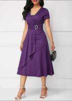 Vestidos de verano elegantes, color sólido, mangas cortas, cuello en V, dobladillo asimétrico, cintura delgada, vestido de fiesta hasta la rodilla, para mujer - details 0