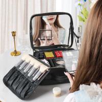 Bolsa de maquillaje con espejo grande con compartimentos para mujer, estuche de cosméticos de viaje de cuero PU impermeable, nuevo - details 1