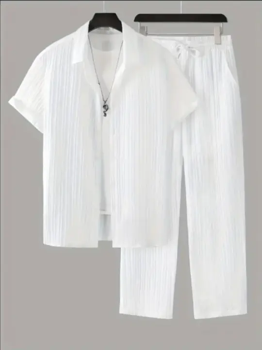 Ropa, camisa de manga corta a rayas, solapa de tres botones, moda masculina 2025 - 1